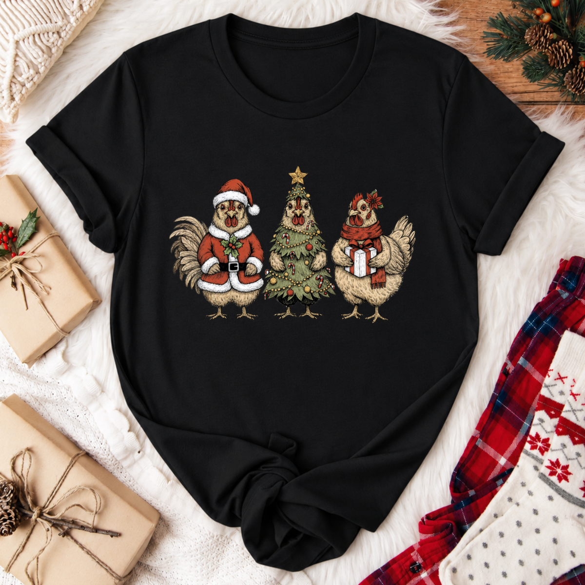 Christmas Chickens T-Shirt - Black
