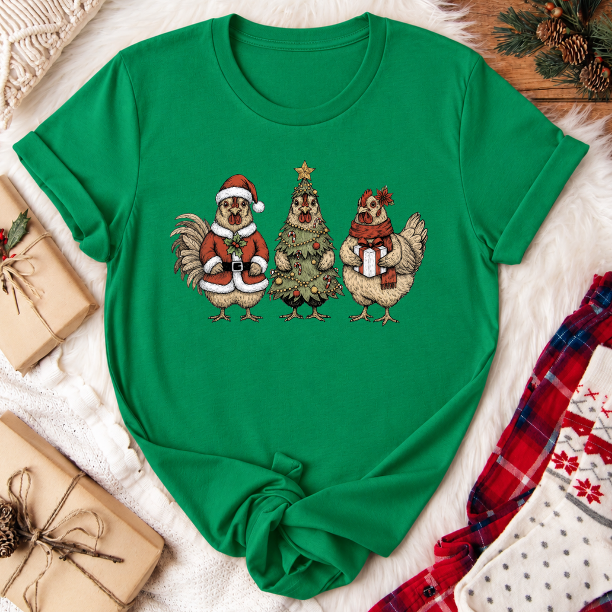 Christmas Chickens T-Shirt - Kelly Green