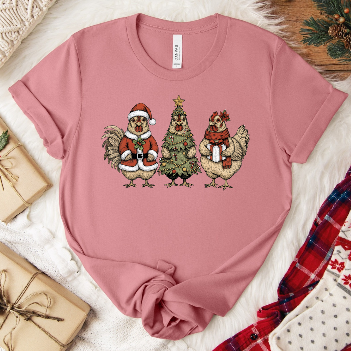 Christmas Chickens T-Shirt - Mauve
