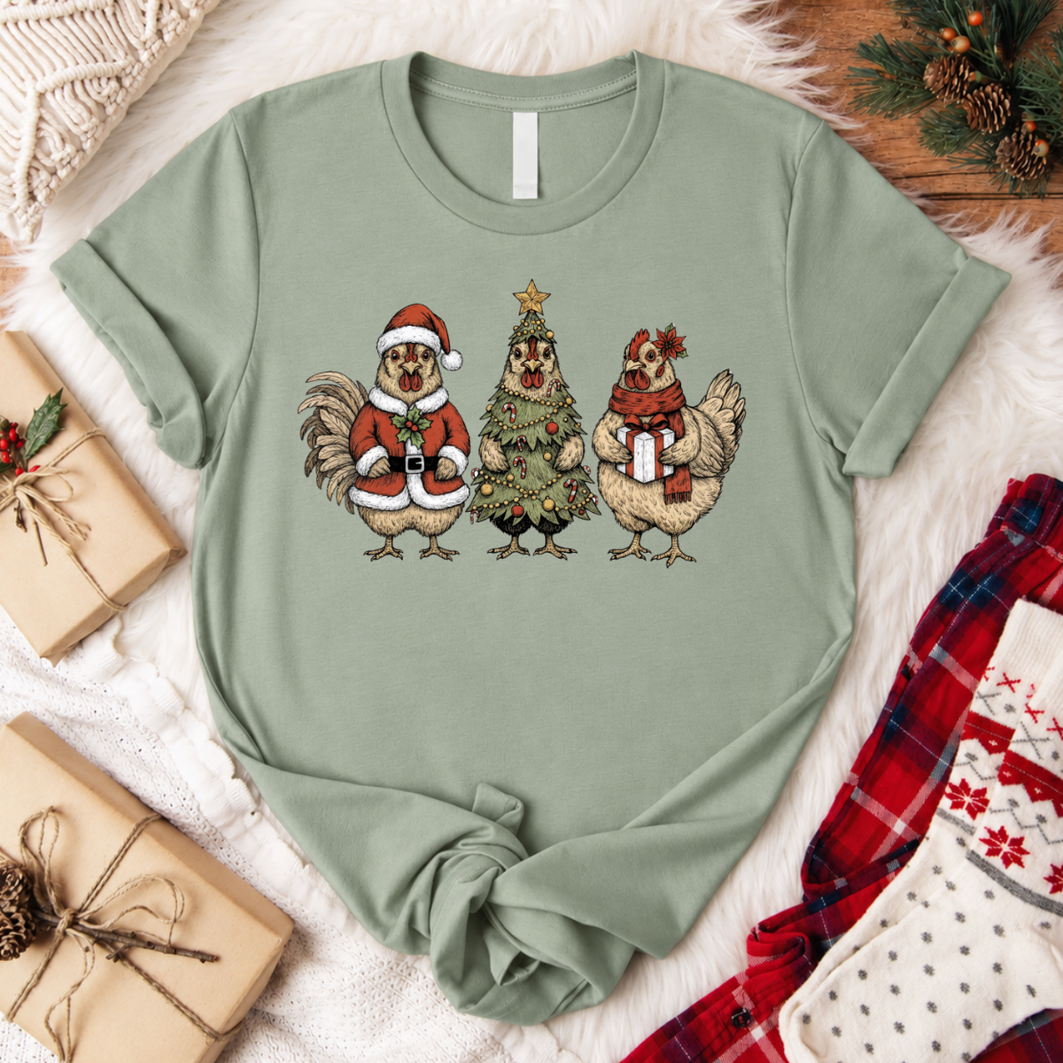 Christmas Chickens T-Shirt - Sage