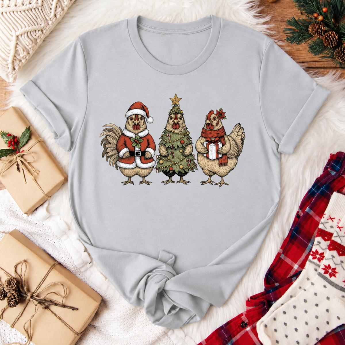 Christmas Chickens T-Shirt - Silver