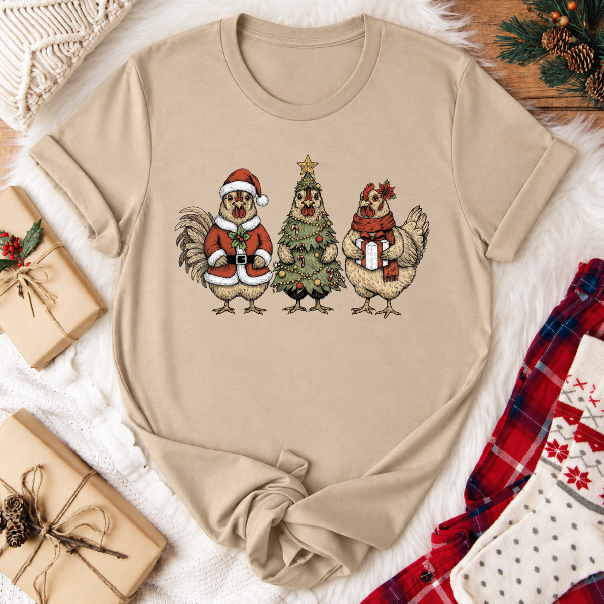 Christmas Chickens T-Shirt - Tan