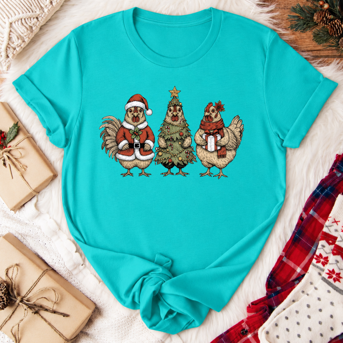 Christmas Chickens T-Shirt - Teal