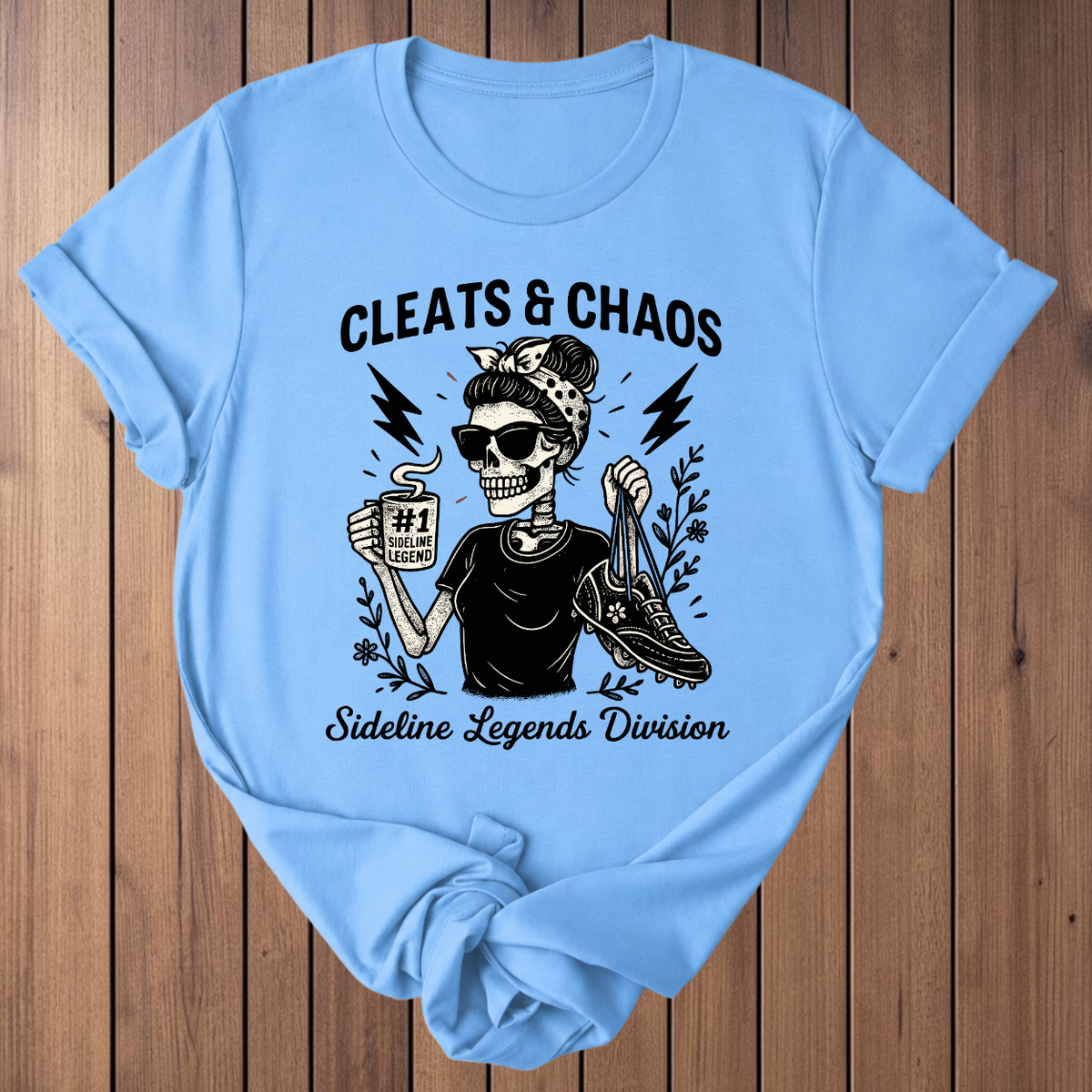 Cleats & Chaos soccer t-shirt in Carolina Blue