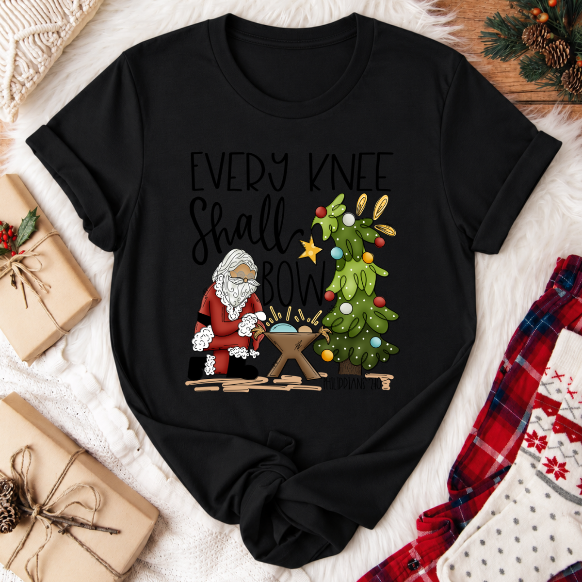 Every Knee Shall Bow Christmas T-Shirt - Black