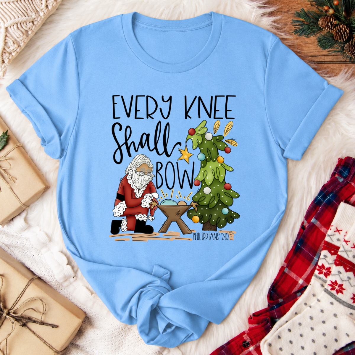 Every Knee Shall Bow Christmas T-Shirt - Carolina Blue