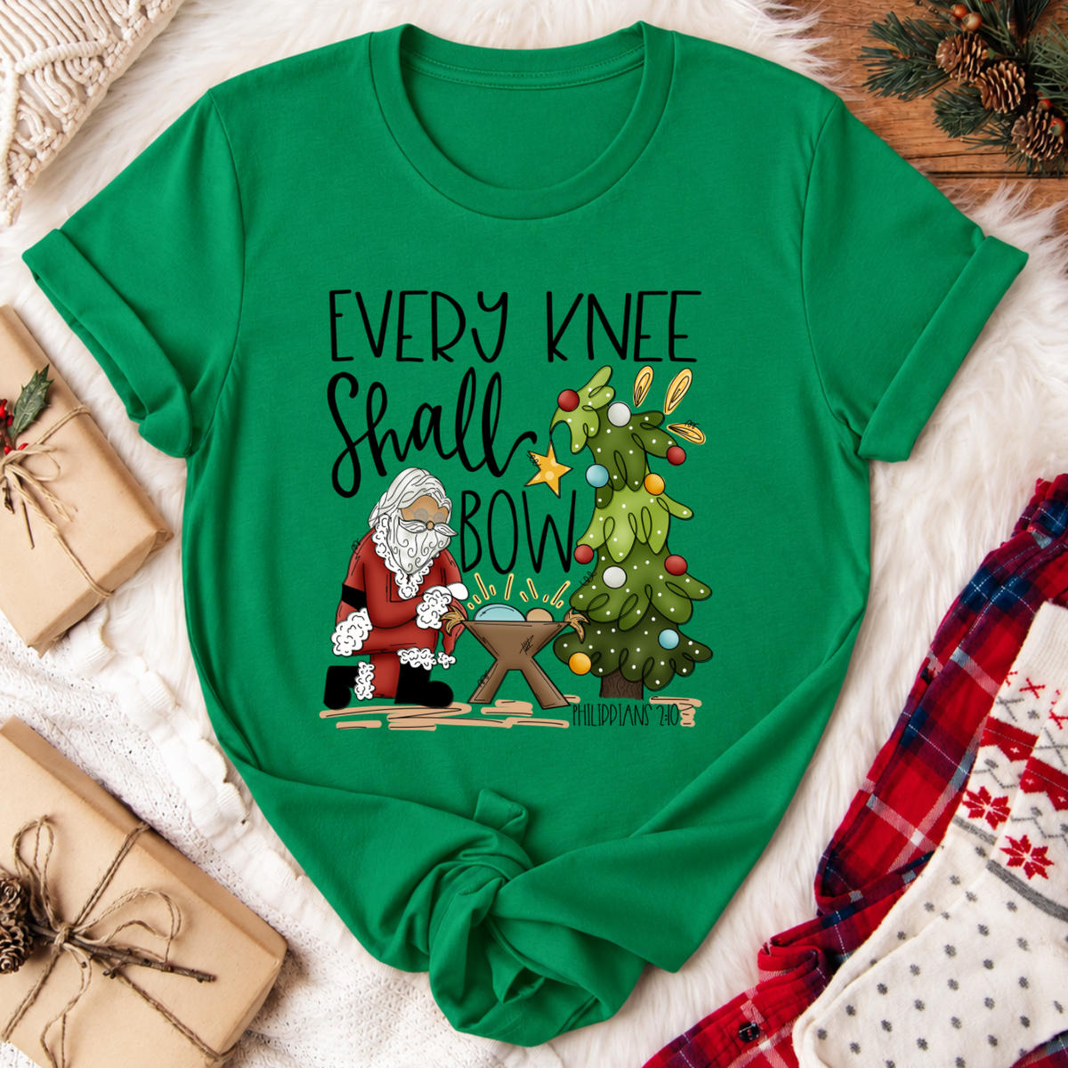 Every Knee Shall Bow Christmas T-Shirt - Kelly Green