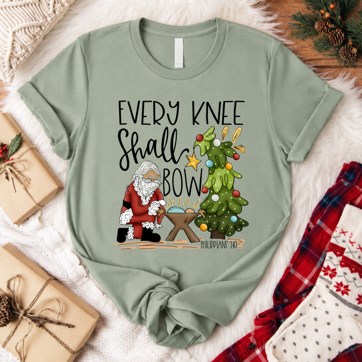 Every Knee Shall Bow Christmas T-Shirt - Sage