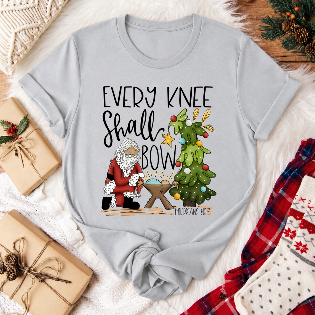 Every Knee Shall Bow Christmas T-Shirt - Silver