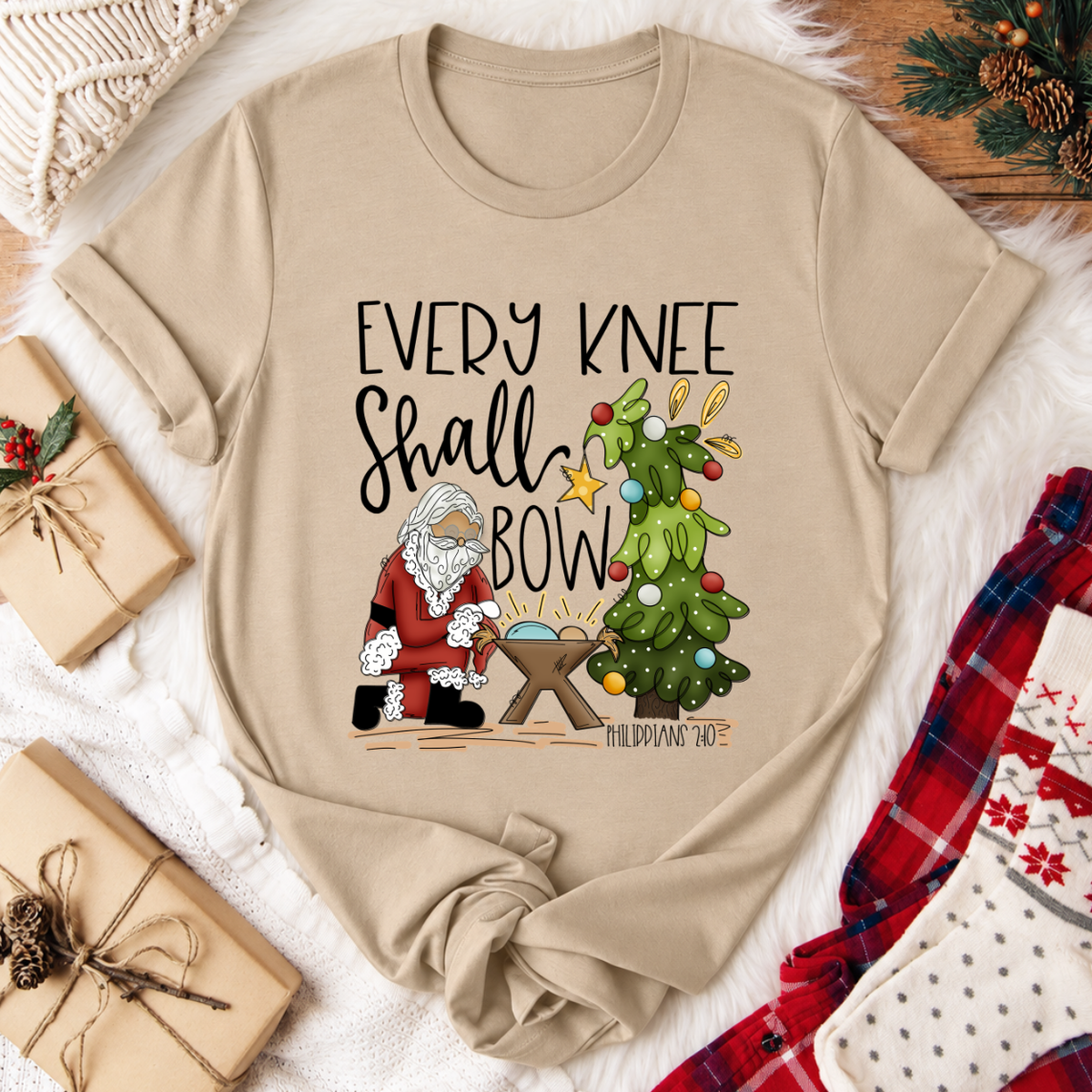 Every Knee Shall Bow Christmas T-Shirt - Tan