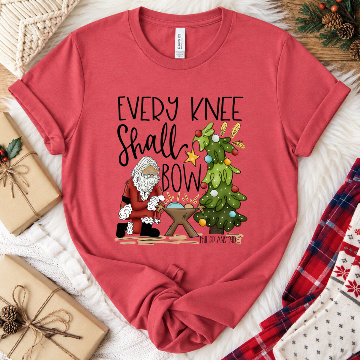 Every Knee Shall Bow Christmas T-Shirt - Vintage Red