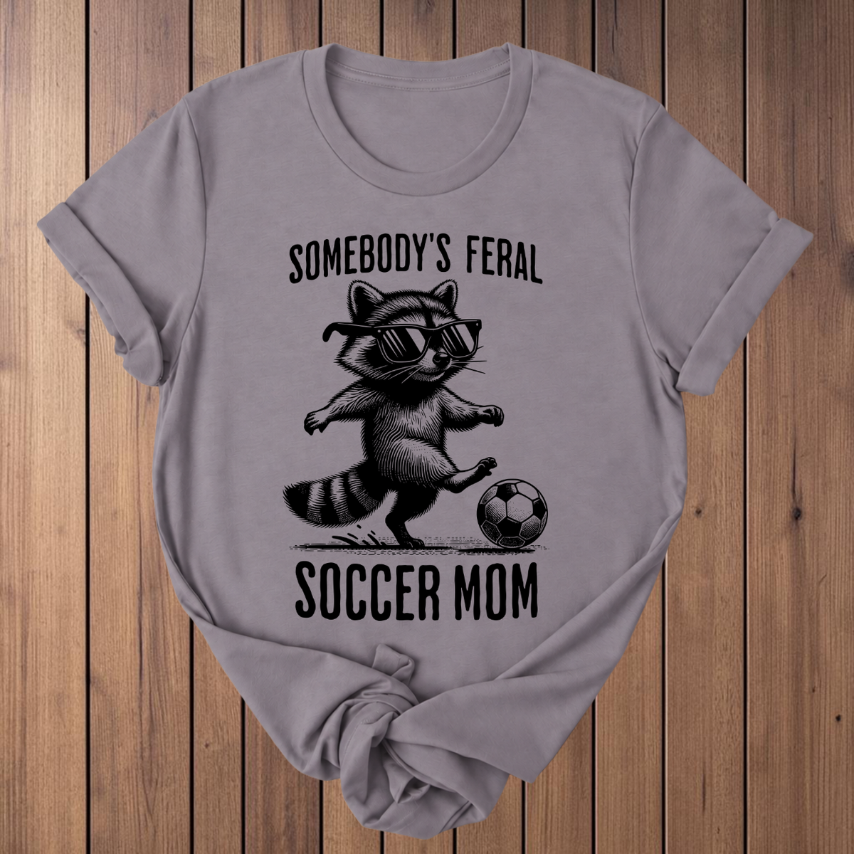 Feral Soccer Mom Raccoon t-shirt in Storm