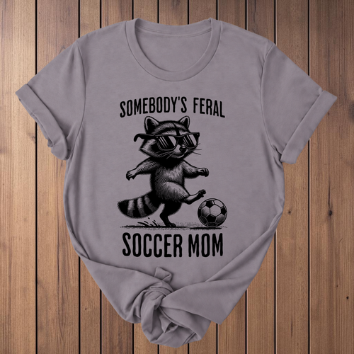 Feral Soccer Mom Raccoon t-shirt in Storm