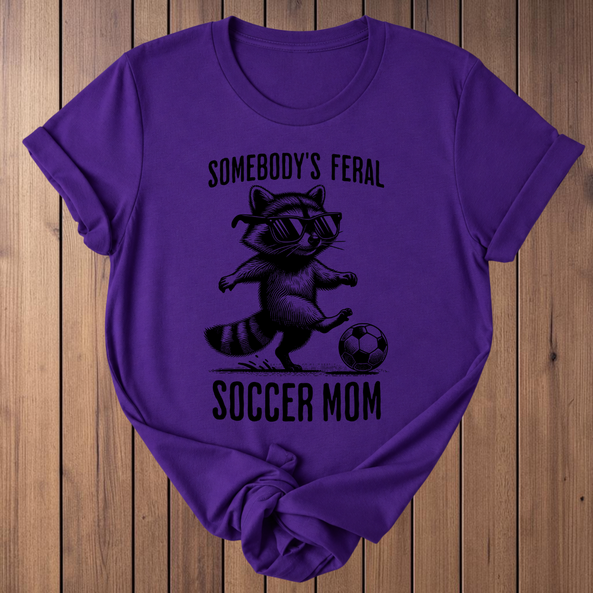 Feral Soccer Mom Raccoon t-shirt in Team Purple
