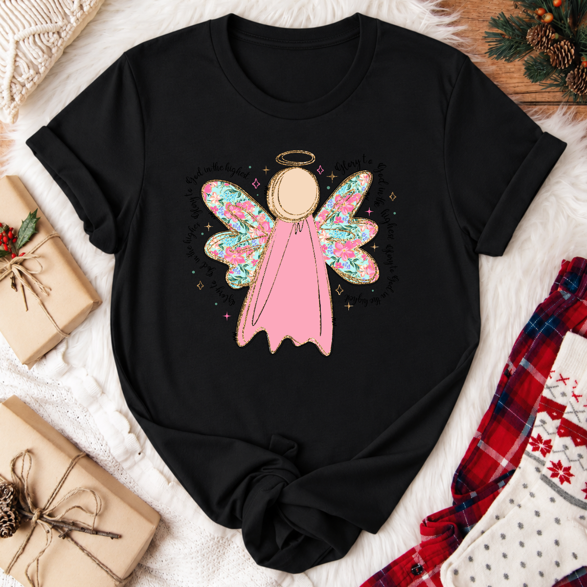 Glory to God in the Highest Angel Christmas T-Shirt - Black