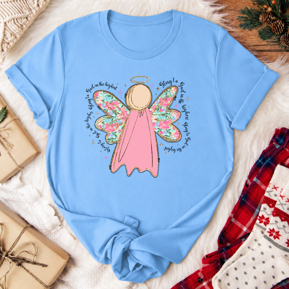 Glory to God in the Highest Angel Christmas T-Shirt - Carolina Blue