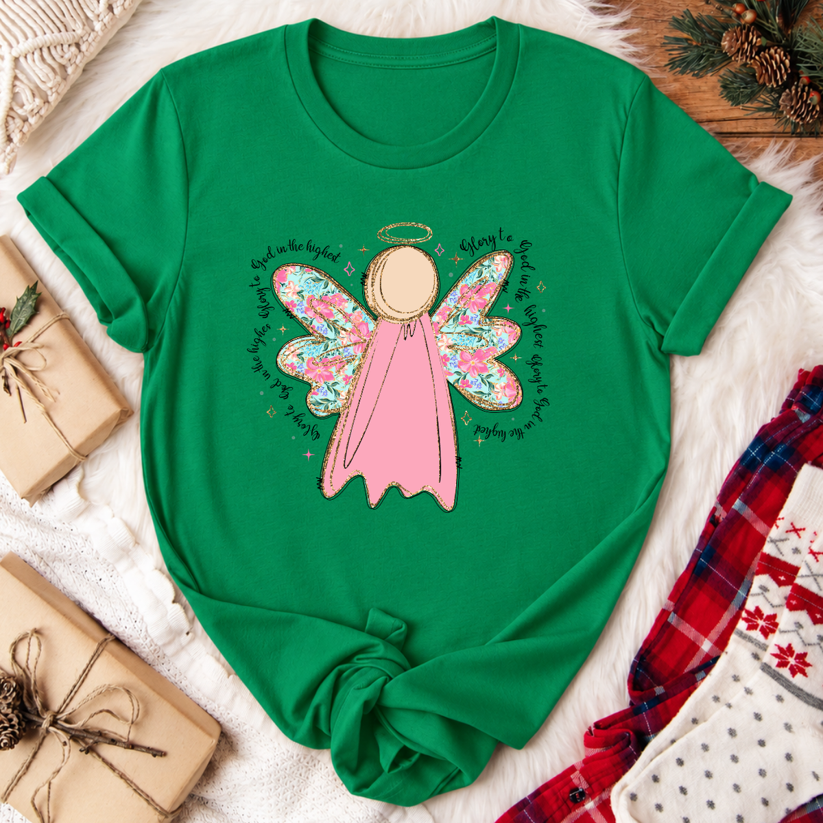 Glory to God in the Highest Angel Christmas T-Shirt - Kelly Green