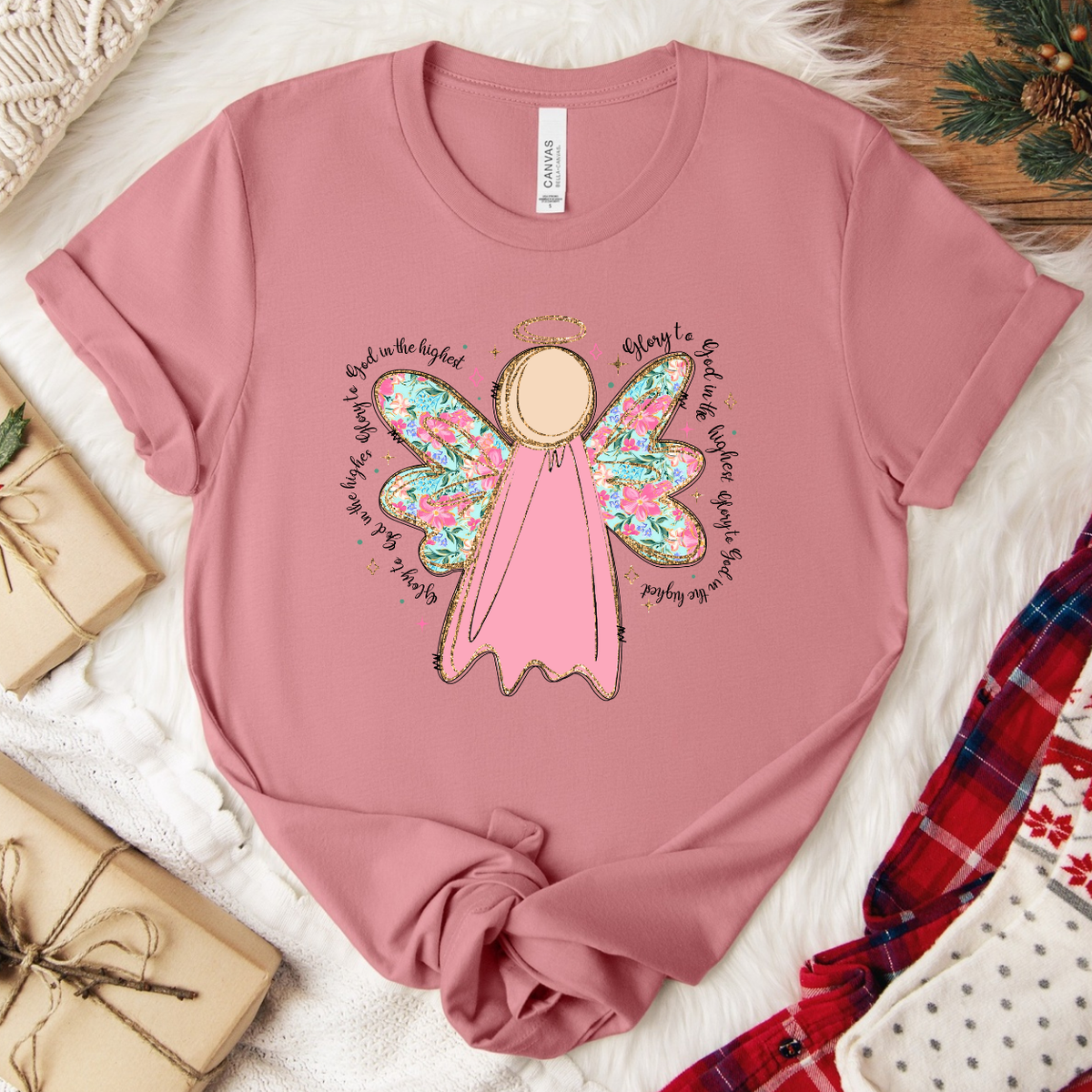 Glory to God in the Highest Angel Christmas T-Shirt - Mauve