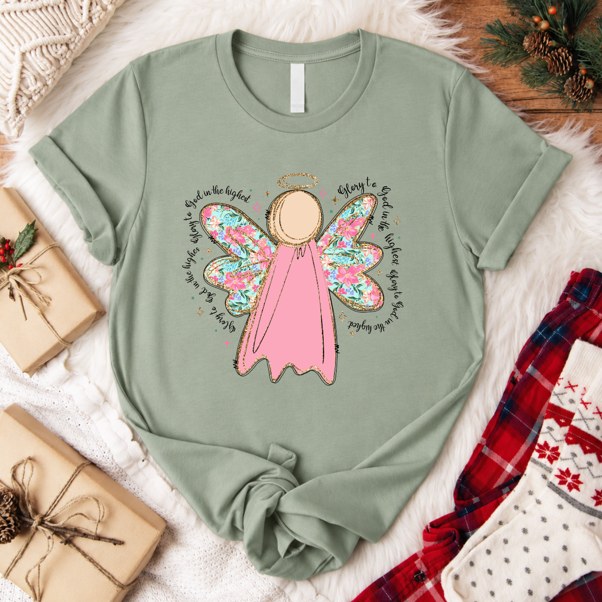 Glory to God in the Highest Angel Christmas T-Shirt - Sage