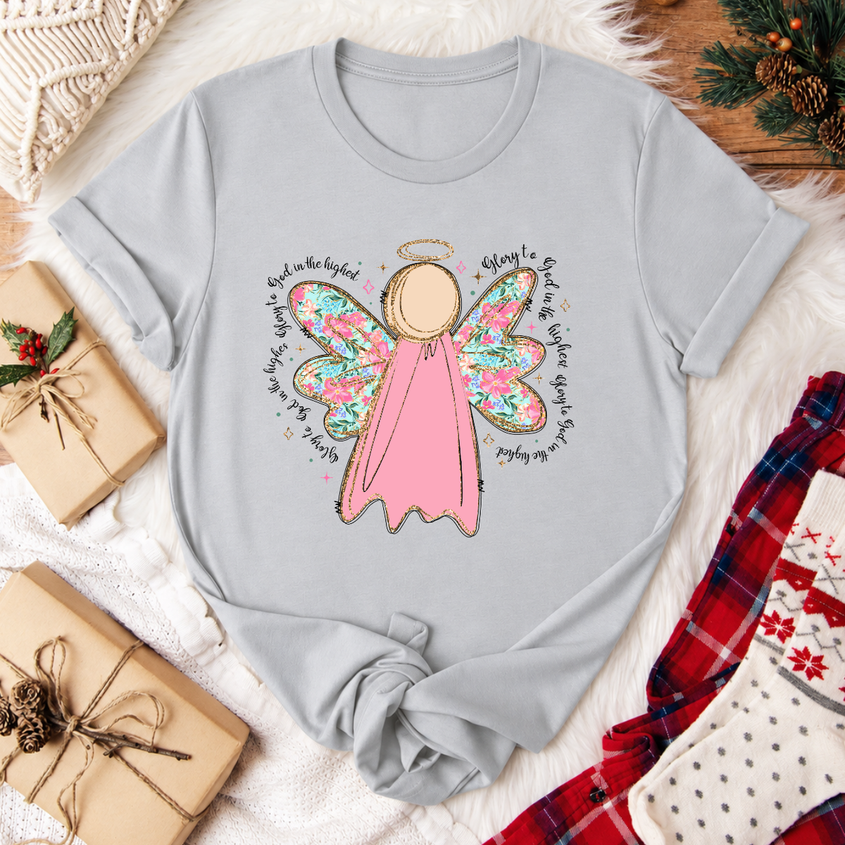 Glory to God in the Highest Angel Christmas T-Shirt - Silver