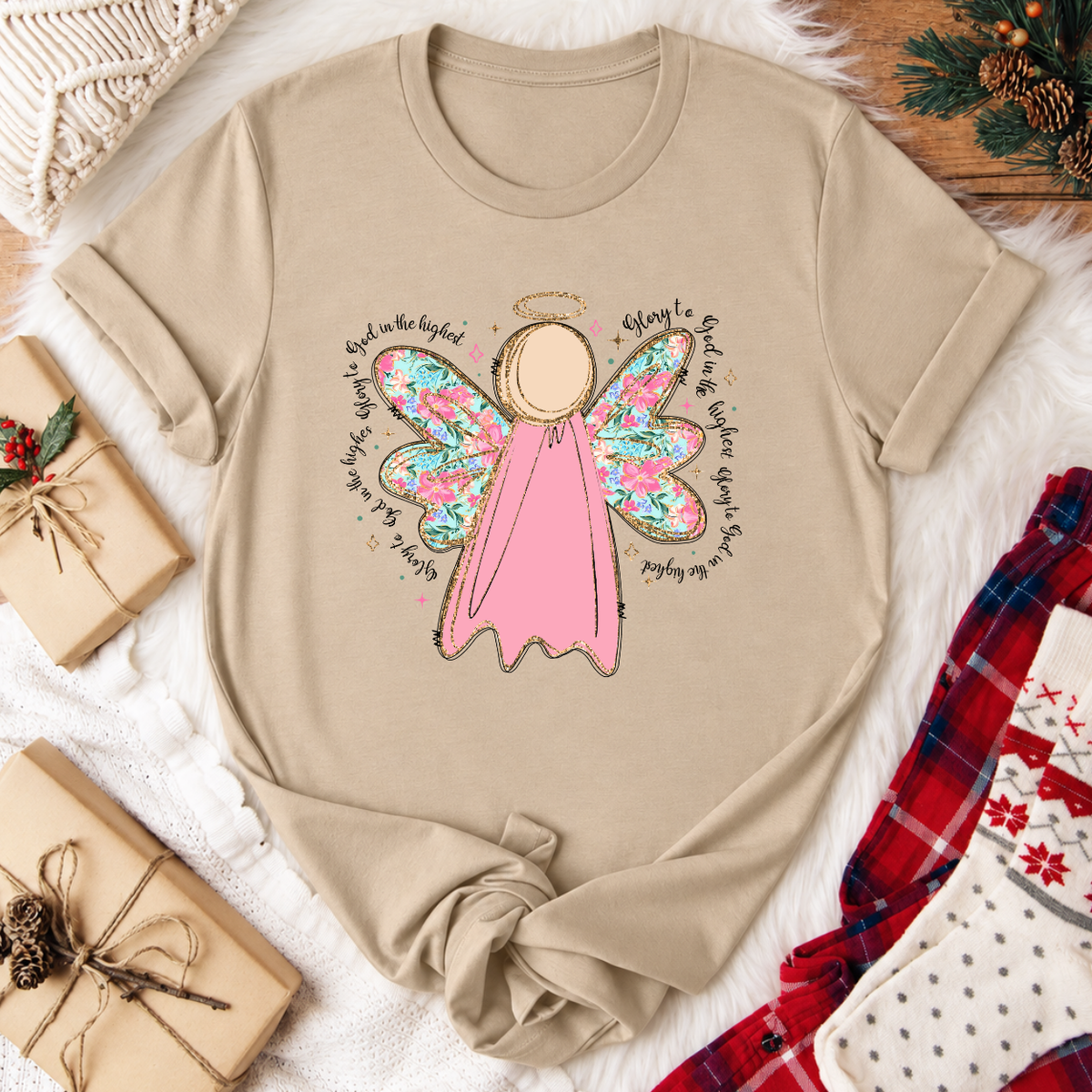 Glory to God in the Highest Angel Christmas T-Shirt - Tan