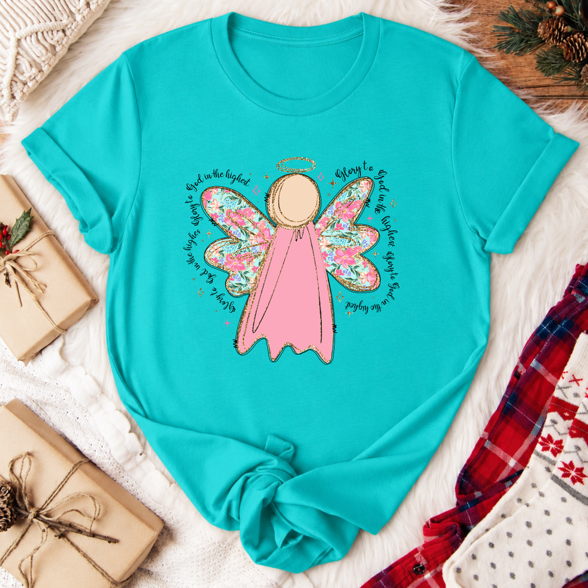 Glory to God in the Highest Angel Christmas T-Shirt - Teal