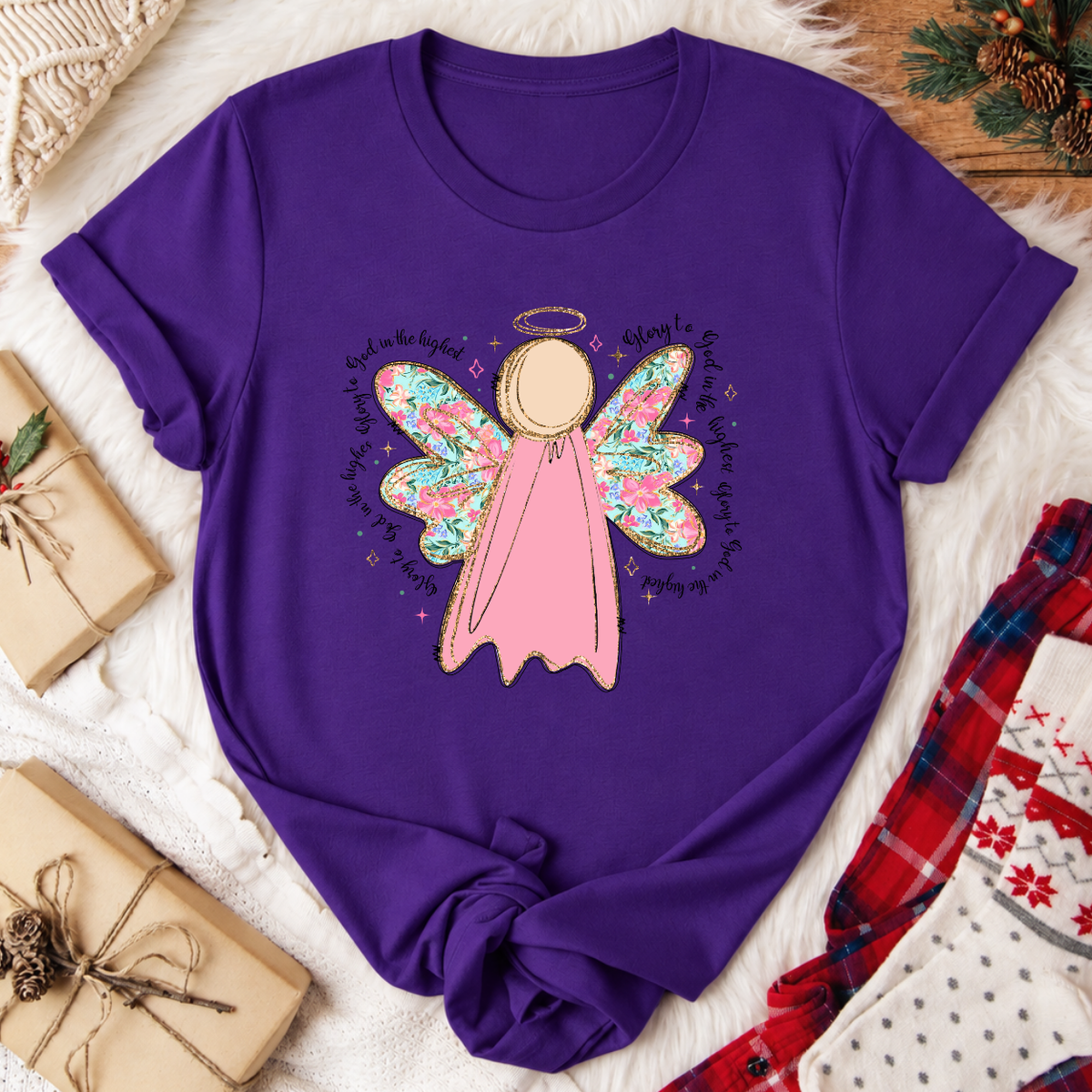 Glory to God in the Highest Angel Christmas T-Shirt - Team Purple