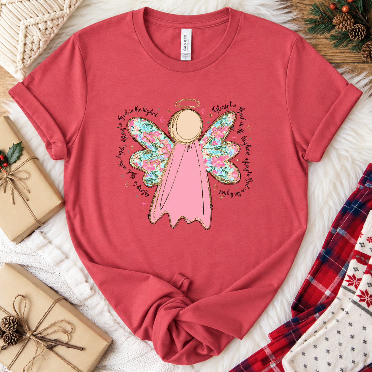 Glory to God in the Highest Angel Christmas T-Shirt - Vintage Red