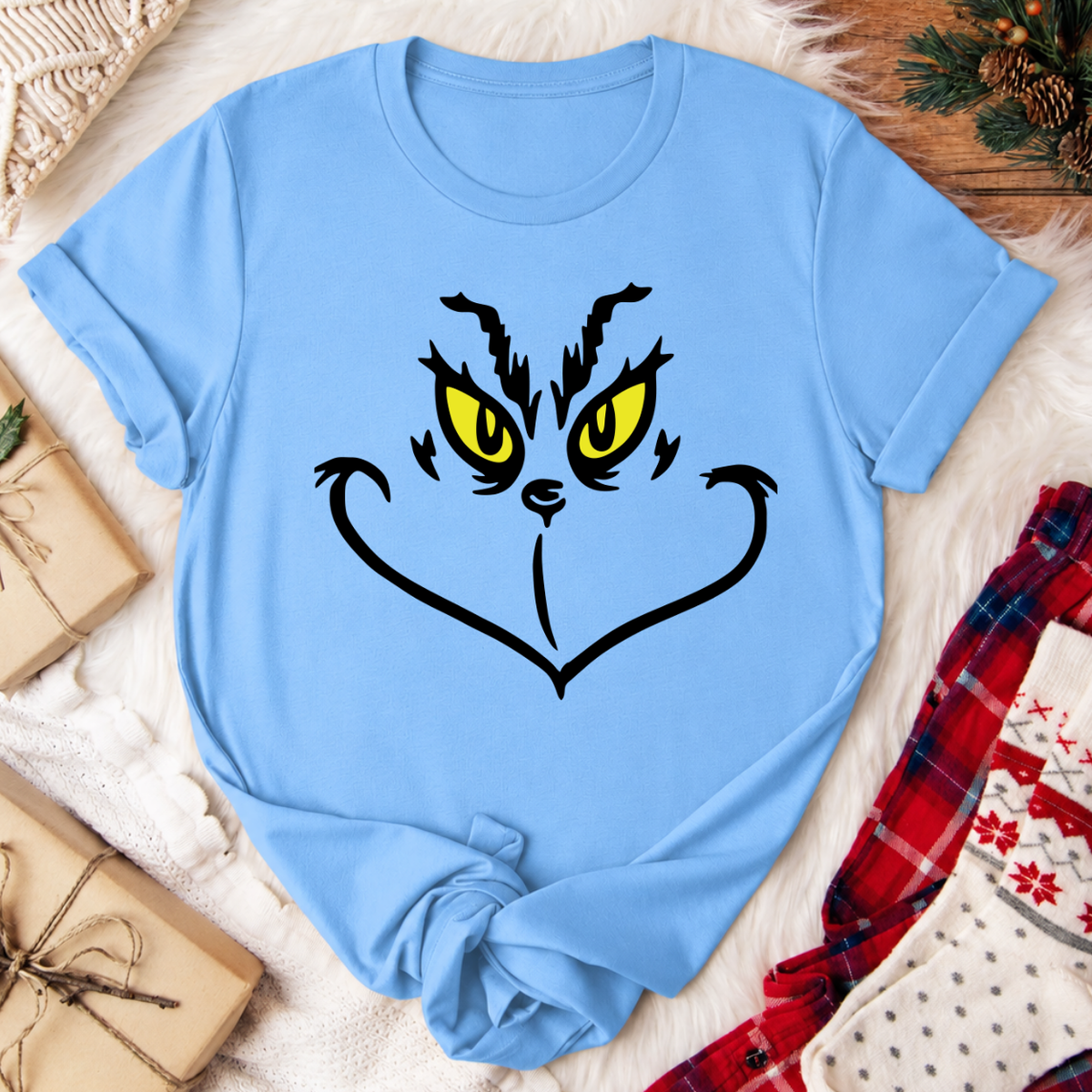 Grinch Face Christmas T-Shirt - Carolina Blue