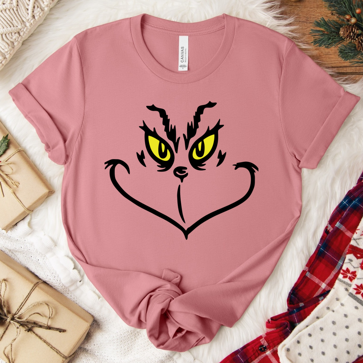 Grinch Face Christmas T-Shirt - Mauve