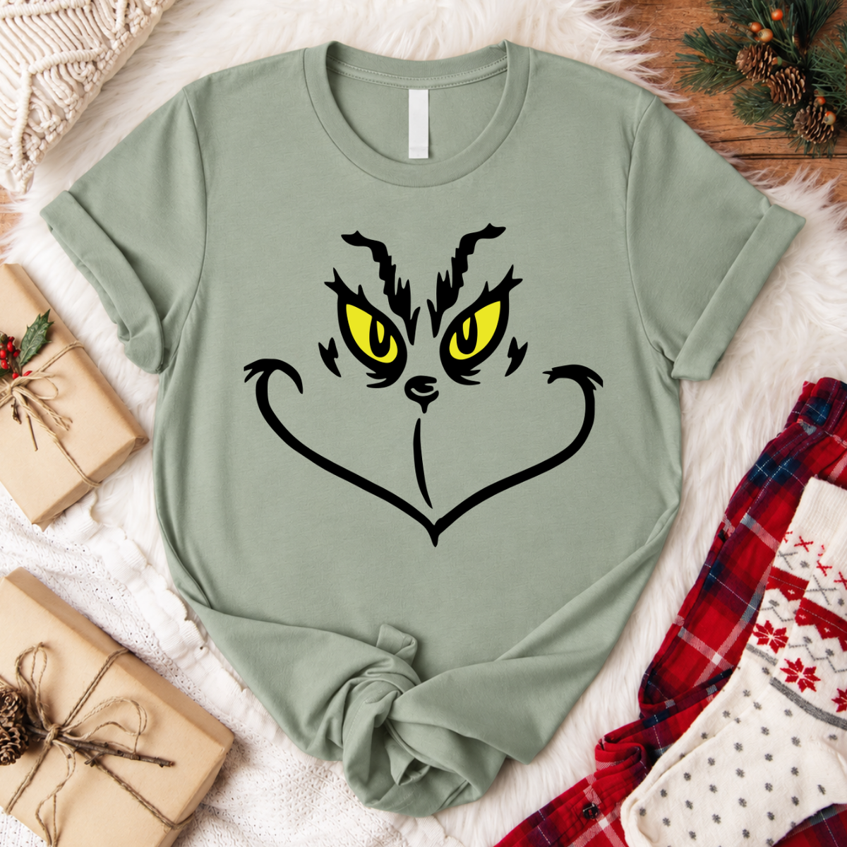 Grinch Face Christmas T-Shirt - Sage