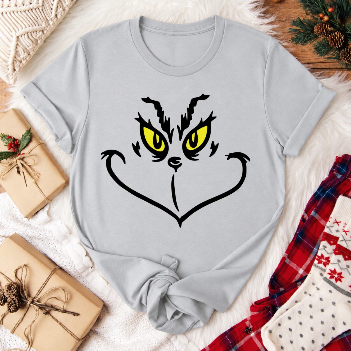 Grinch Face Christmas T-Shirt - Silver
