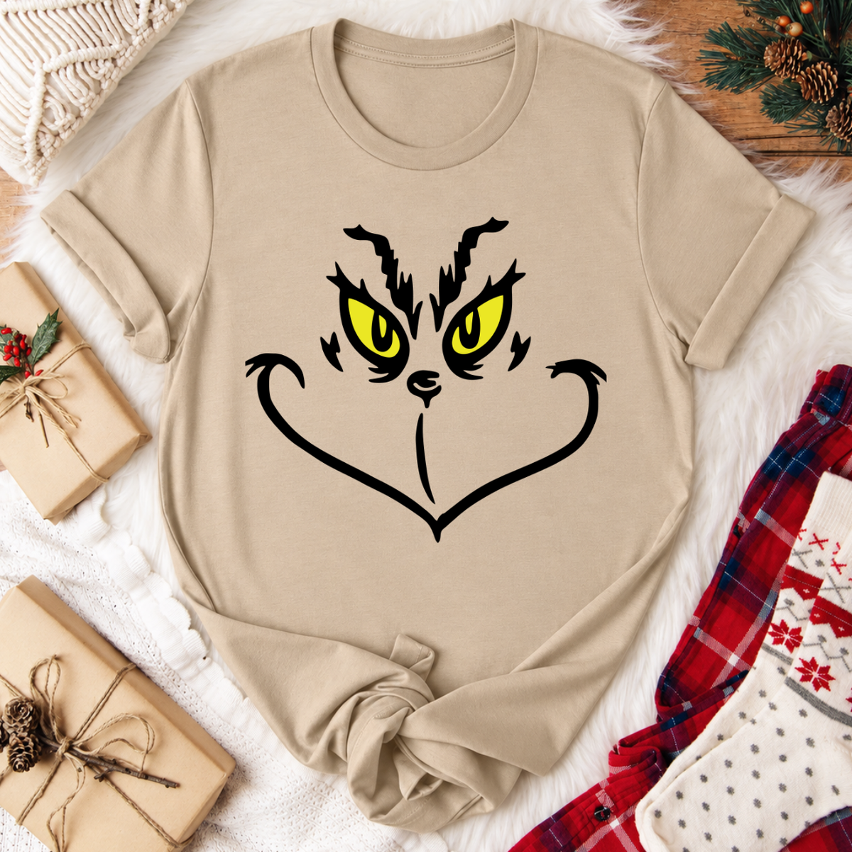 Grinch Face Christmas T-Shirt - Tan
