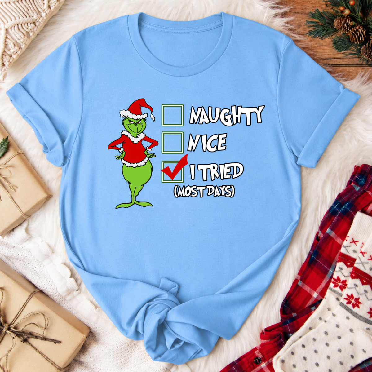 Grinch I Tried Christmas T-Shirt - Carolina Blue