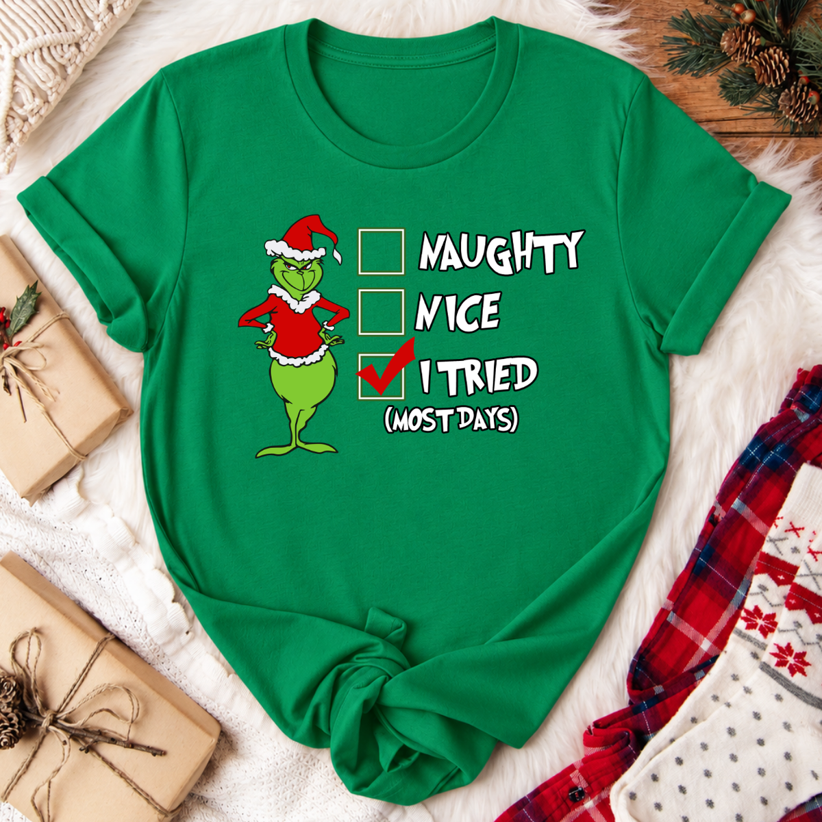 Grinch I Tried Christmas T-Shirt - Kelly Green