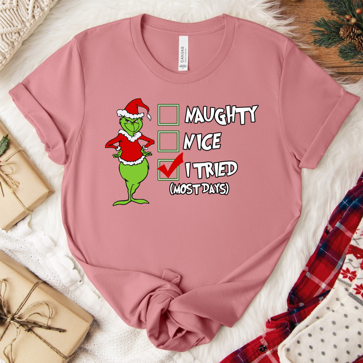 Grinch I Tried Christmas T-Shirt - Mauve