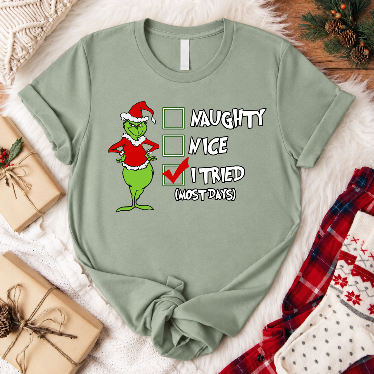 Grinch I Tried Christmas T-Shirt - Sage