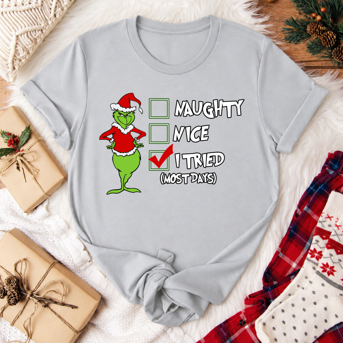 Grinch I Tried Christmas T-Shirt - Silver