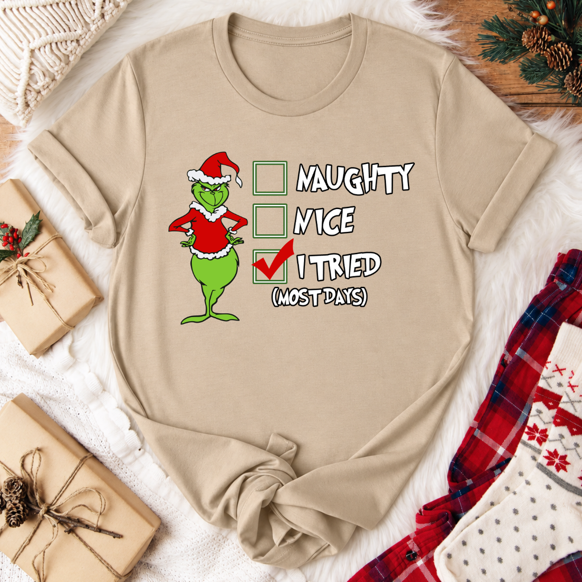 Grinch I Tried Christmas T-Shirt - Tan