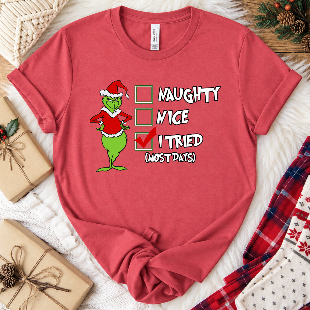 Grinch I Tried Christmas T-Shirt - Vintage Red