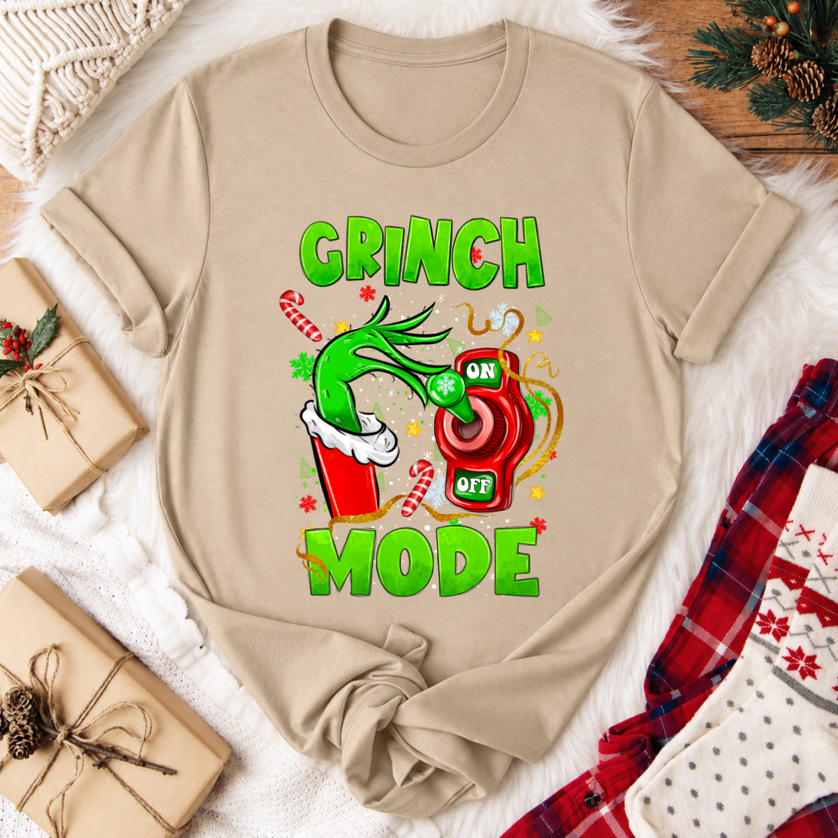 Grinch Mode Christmas T-Shirt - Tan