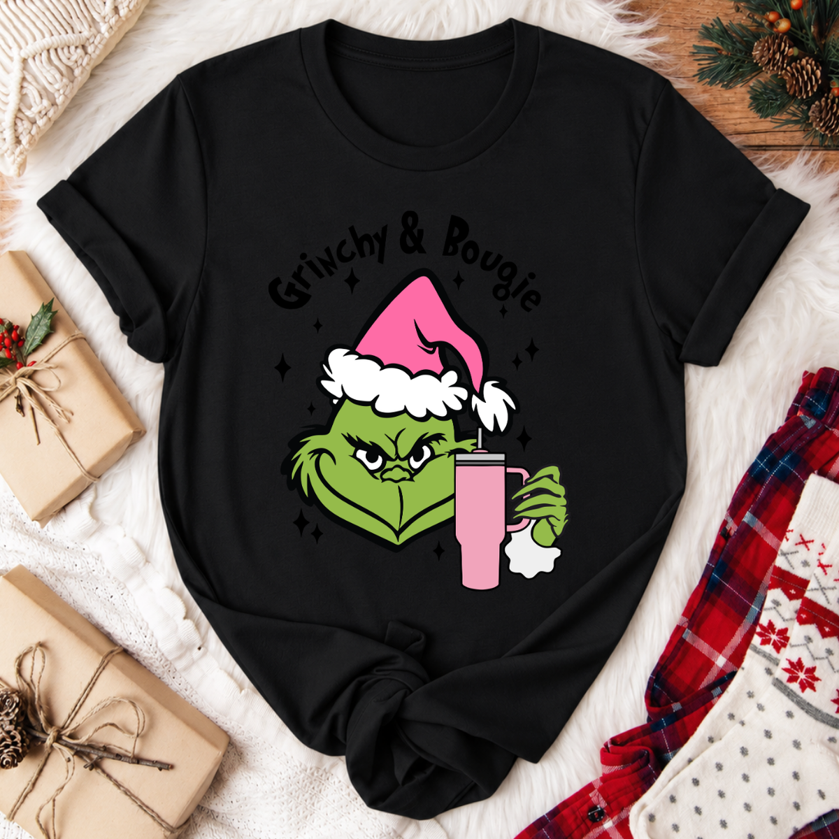 Grinchy & Bougie Christmas T-Shirt - Black