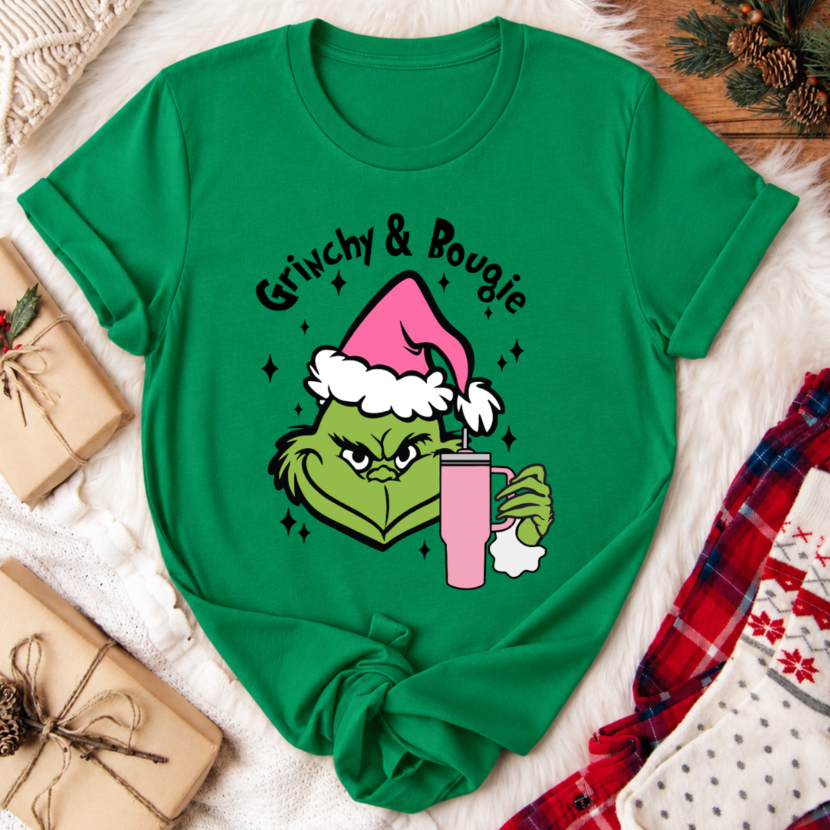 Grinchy & Bougie Christmas T-Shirt - Kelly Green