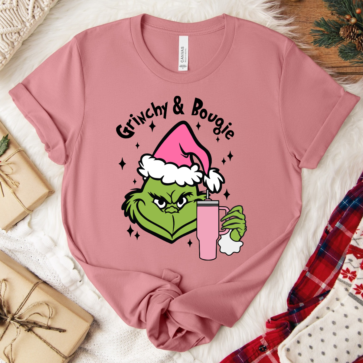 Grinchy & Bougie Christmas T-Shirt - Mauve
