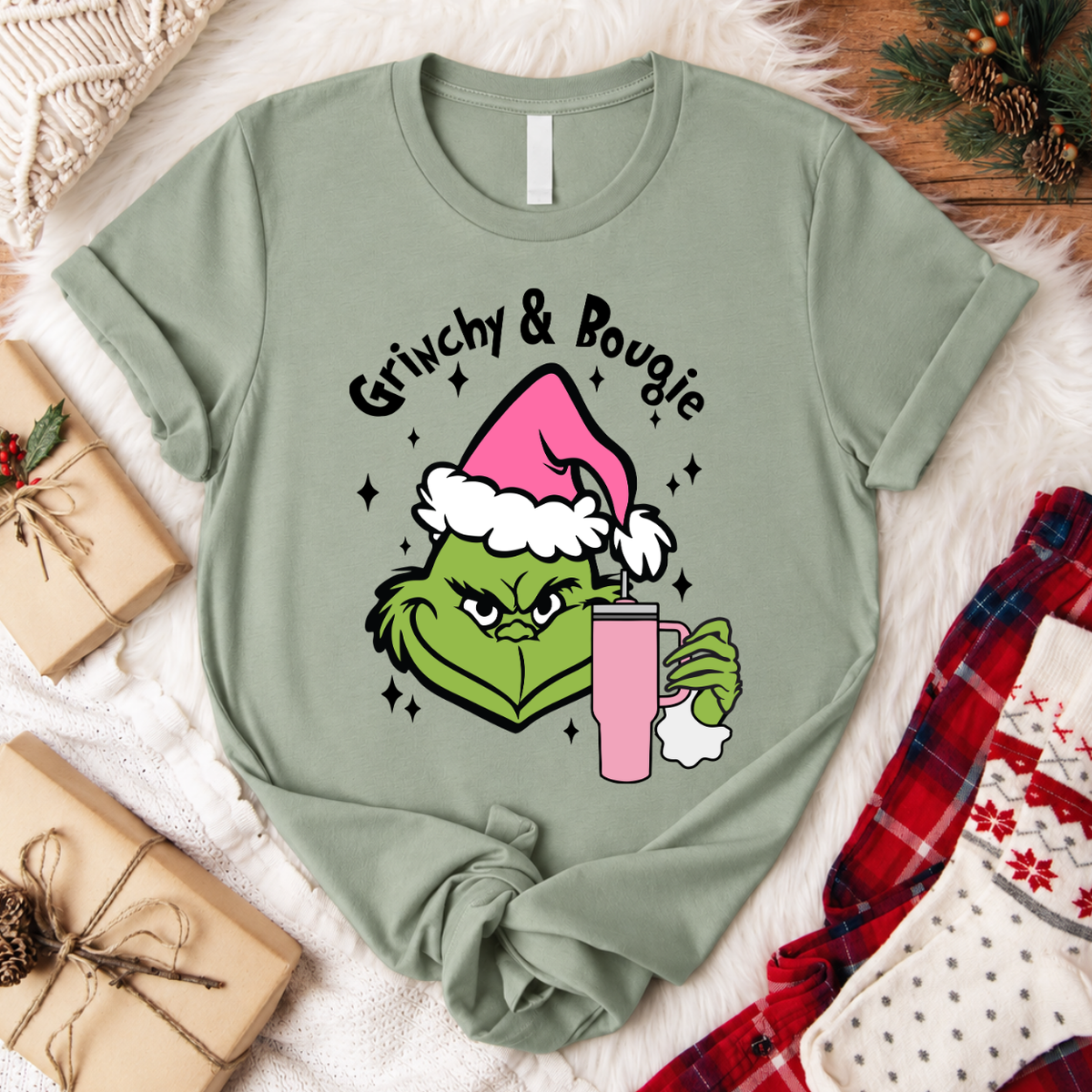 Grinchy & Bougie Christmas T-Shirt - Sage