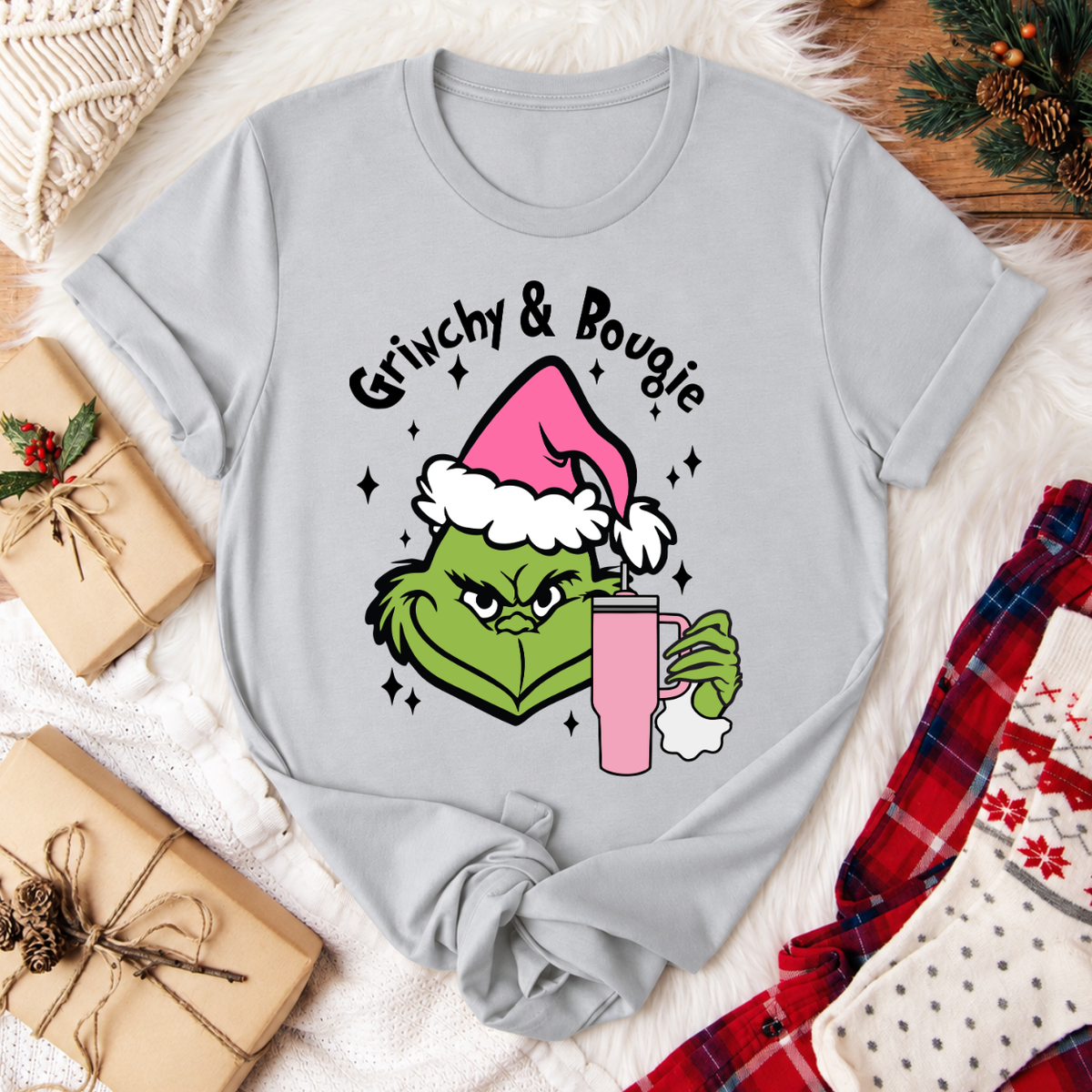 Grinchy & Bougie Christmas T-Shirt - Silver
