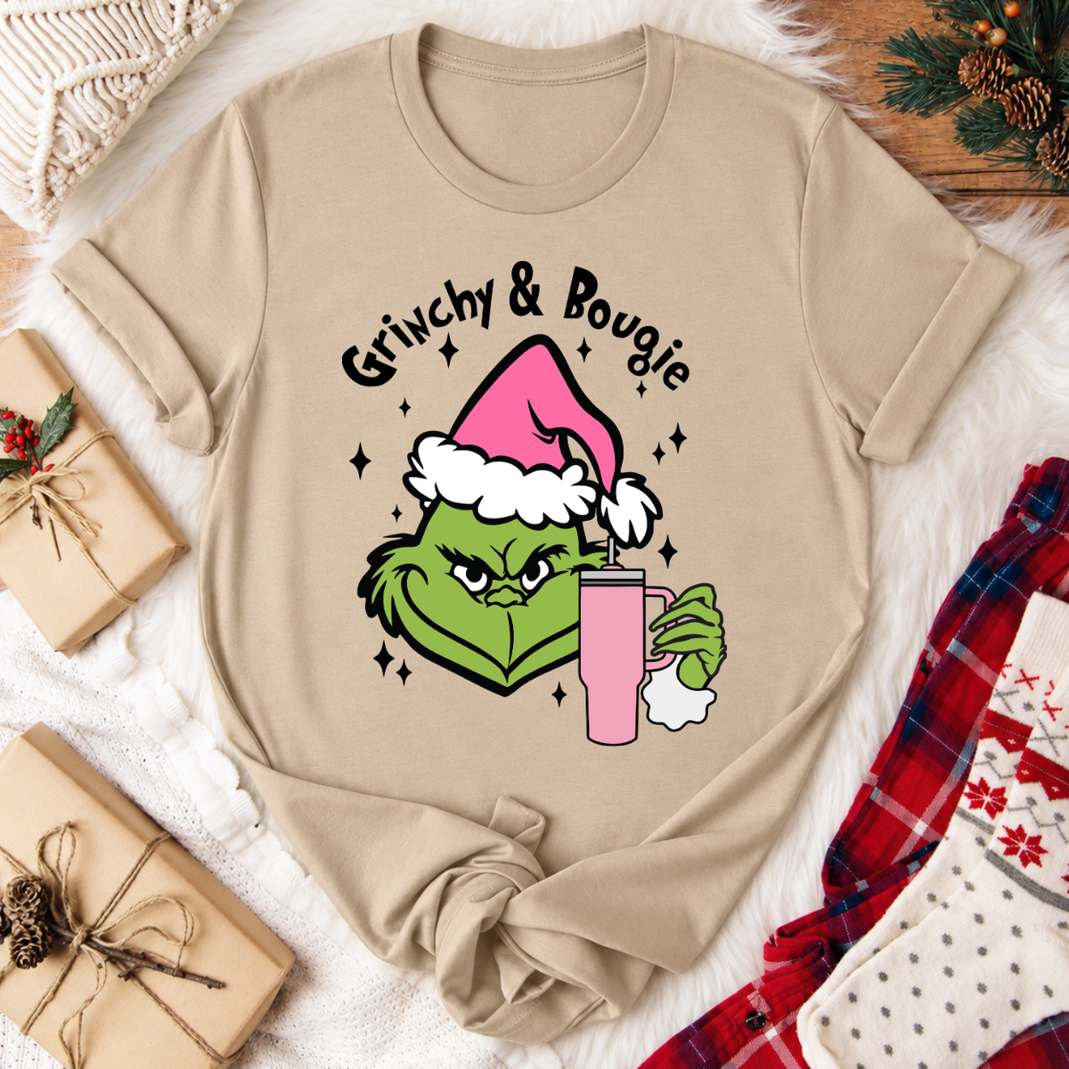 Grinchy & Bougie Christmas T-Shirt - Tan