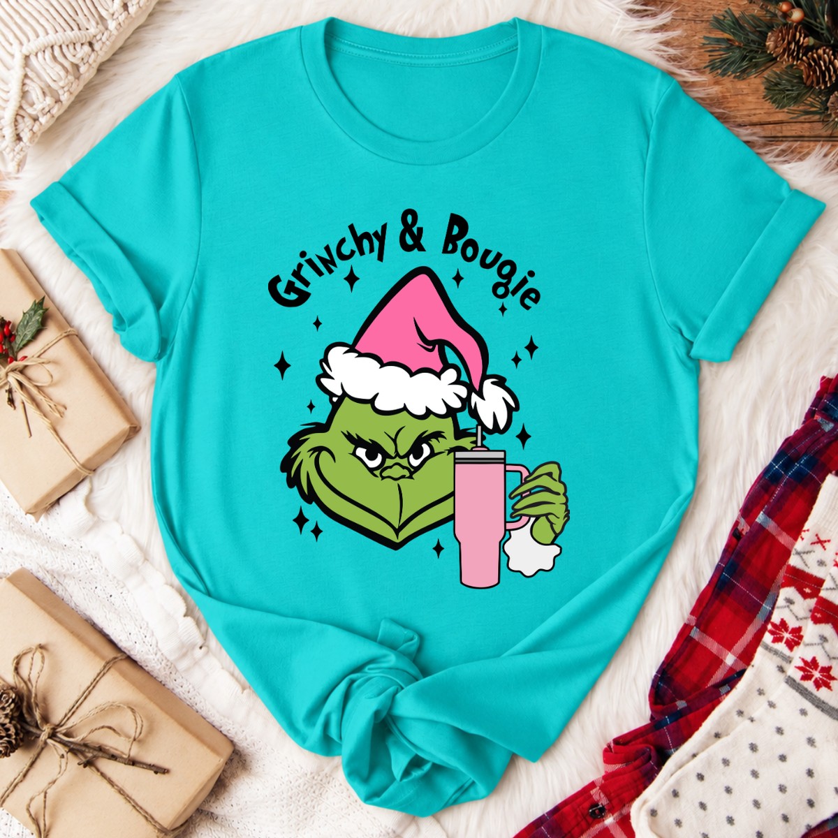 Grinchy & Bougie Christmas T-Shirt - Teal