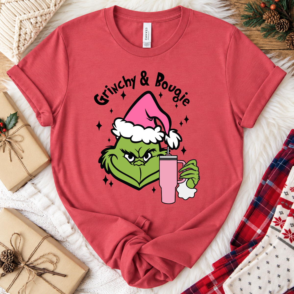 Grinchy & Bougie Christmas T-Shirt - Vintage Red