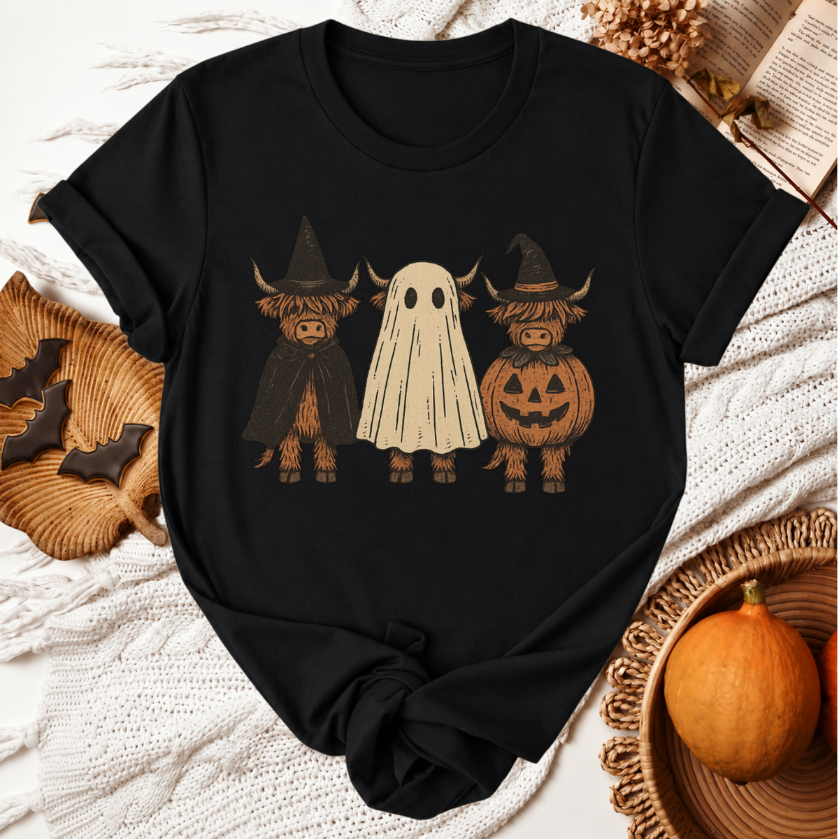 Highland Cow Boo Halloween T-Shirt - Black